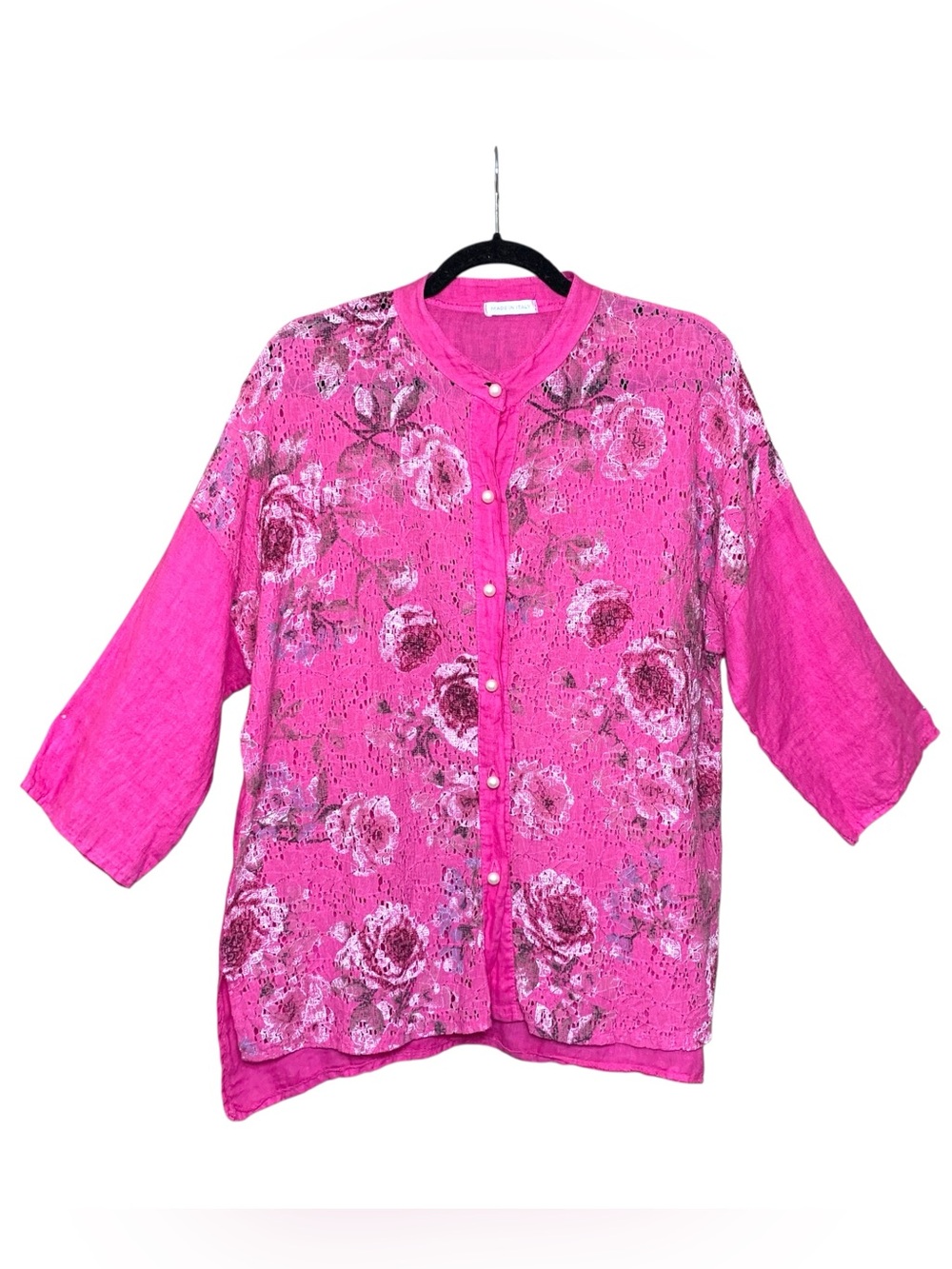 Italian Floral Linen Shirt Pink Sz L/XL Pearl Button Front Mesh 3/4 Sleeve